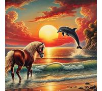 5D Sunset Animals Diamond Art Painting Kits for Adults,Horses Dolphins Diamond Painting for Beginner,DIY Full Cross Stitch Embroidery Art Canvas Pictures Home Wall Decor Gift Square Drill,34x34 inch