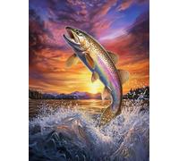 5D Trout Fish Jump from Water Sunset Diamond Art 12x16 Inch Full Drill Diamond Painting Kits for Adults & Beginners - DIY Art Crafts for Relaxation and Home Wall Decor A357