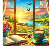 5D Windowsill Coffee Diamond Art Painting Kits for Adults,Sunrise Scenery Diamond Painting for Beginner,DIY Full Cross Stitch Embroidery Art Canvas Pictures Home Wall Decor Gift Round Drill,34x34 inch