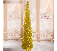 5ft/1.5M Collapsible Christmas Tinsel Tree Pop Up Artificial Xmas Tree with Easy Assembly Stand for Holiday Xmas Decorations, Home Display, Office Decor Indoor Outdoor gold