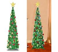 5Ft/1.5m Lighted Tinsel Pop Up Christmas Tree with 100 Lights and 30 Colour Balls,Pencil Artificial Collapsible Xmas Decoration Home Party Indoor Outdoor (Green with ball)