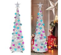 5Ft/1.5m Lighted Tinsel Pop Up Christmas Tree with 100 Lights and 30 Colour Balls,Pencil Artificial Collapsible Xmas Decoration Home Party Indoor Outdoor (Silver with ball)
