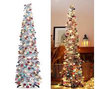 5Ft/1.5m Lighted Tinsel Pop Up Christmas Tree with 100 Lights,Pencil Artificial Collapsible Xmas Decoration Home Party Indoor Outdoor (Silver)