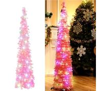 5Ft/1.5m Lighted Tinsel Pop Up Christmas Tree with 100 Lights,Pencil Artificial Collapsible Xmas Decoration Home Party Indoor Outdoor (Pink)
