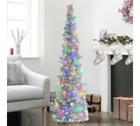 5Ft 1.5M Pop Up Christmas Tree with Lights, Collapsible Christmas Tree Silver Tinsel Xmas Tree, Skinny Pencil Christmas Tree Foldable Artificial Tree