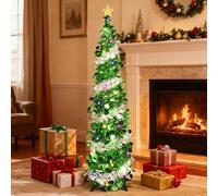 5FT/1.5M Pop Up Christmas Tree with Lights, Collapsible Christmas Tree with Stand and Star, Green Silver Artificial Xmas Tree for Home Office Decoration