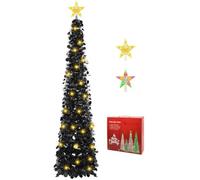 5FT/1.5M Pop Up Christmas Tree with Timer Lights, Tinsel Christmas Tree | Collapsible Artificial Black Tree with 90 LEDs, Easy Assembly Pencil Tree Xmas Decoration for Home Apartment Porch Party