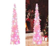 5Ft/ 1.5m Pop Up Tinsel Christmas Tree, Artificial Collapsible Xmas tree with 100 Lights, Glittering Sparking Xmas Decoration Tree for Party Carnival (Pink)