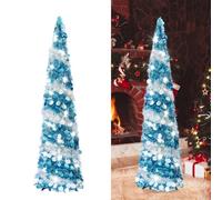 5Ft/ 1.5m Pop Up Tinsel Christmas Tree, Artificial Collapsible Xmas Tree with 100 Lights, Glittering Sparking Xmas Decoration Tree for Party Carnival (Blue White)