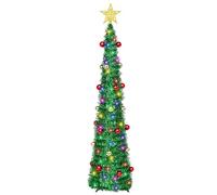 5Ft/ 1.5m Pop Up Tinsel Christmas Tree, Collapsible Artificial Christmas Tree with 100LED Lights and 30 Color Balls, Large Sequins Pencil Xmas Tree for Party Carnival Decorations (Green with Balls)