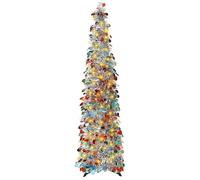5Ft/ 1.5m Pop Up Tinsel Christmas Tree, Collapsible Artificial Christmas Tree with 100LED Lights, Large Sequins Pencil Xmas for Outdoor & Indoor Party Carnival Decorations (Silver)