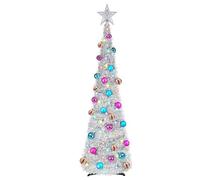 5Ft/ 1.5m Pop Up Tinsel Christmas Tree, Collapsible Artificial Tree with 100LED Lights and 30 Color Balls, Large Sequins Pencil Xmas Tree for Party Carnival Decorations (Silver with Balls)