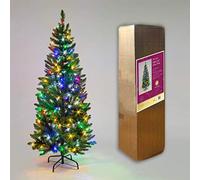 5Ft/1.5m Pre-Lit Green Christmas Tree Slim Tree Pine Narrow Xmas Tree, Pointed Tips, Metal Stand, Multicolour LED Lights, Holiday Home Decorations