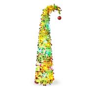 5Ft/1.5m Pre-Lit Pop Up Tinsel Christmas Tree with LED Light Strings and Topper, Artificial Xmas Tree for Holiday Home Decorations, Sequins Pencil Tree with Thick Base for Indoor & Outdoor (Yellow)
