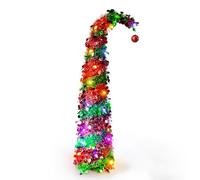 5Ft/1.5m Pre-Lit Pop Up Tinsel Christmas Tree with LED Light Strings and Topper, Artificial Xmas Tree for Holiday Home Decorations, Sequins Pencil Tree with Thick Base for Indoor & Outdoor (Red)