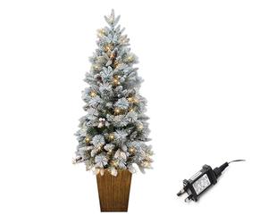 5Ft/1.5m Pre Lit Potted Snow Flocked Christmas Tree with 100 Warm White LED Lights Changing 8 Modes, Pine Cones and Red Berries Snowy Tips