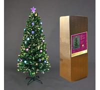 5Ft/150cm Fibre Optic Christmas Tree with Star Topper - Baubles and Stars Decorations - Pre-Lit Green Artificial Xmas Tree - Multicolor Changing Lights