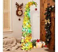 5ft 150cm Pop Up Christmas Tree, Pop Up Christmas Tree with 50 LED Lights, Tinsel Christmas Decorations with Red Ball Top, Easy-Assembly Collapsible Xmas Tree for Bedroom Porch Home Decor(Green)
