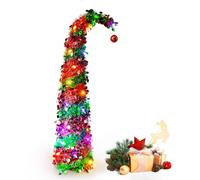 5ft 150cm Pop Up Christmas Tree, Pop Up Christmas Tree with 50 LED Lights, Tinsel Christmas Decorations with Red Ball Top, Easy-Assembly Collapsible Xmas Tree for Bedroom Porch Home Decor(Red)