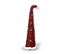 5FT/150CM Pop Up Christmas Tree with Lights - Collapsible Red Tinsel Xmas Tree with Snowflake Sequins, Santa Hat Design Slim Corner Christmas Tree for Festive Home, Office, Dorm Décor