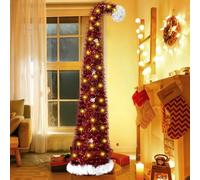 5Ft/150cm Pop Up Christmas Tree with Lights,pre lit Collapsible Artificial Tinsel Pencil Xmas Tree with Shiny Sequins for Christmas Decoration, Home Office Party Decor, Indoor Outdoor Display