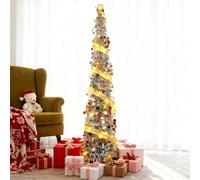 5FT/150CM Pop Up Christmas Tree with Lights - Silver Collapsible Xmas Tree with Multicolor Sequins, Slim Corner Christmas Tree for Modern Holiday Décor, Apartments, Dorms Office