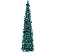 5FT/150CM Pop Up Christmas Tree with Lights - Teal Tinsel Collapsible Xmas Tree with Blue-Green Sequins, Slim Corner Christmas Tree for Modern Holiday Décor, Flats, Dorms, Office
