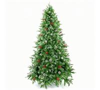 5ft/150cm Snowy Tips Artificial Christmas Tree with Berries, Frosted Cones, Stockholm Pine Luxury Natural Looking Flocked Tips, Hinged Bushy Branches, Metal Stand - Xmas Home Holiday Decorations