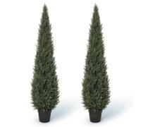 5FT 2pcs Tall Ultra-Realistic Artificial Cedar Topiary Trees with Black Pot | Faux Evergreen in Pots, UV Resistant & Weatherproof Indoor Outdoor Greenery for Home, Garden, Balcony