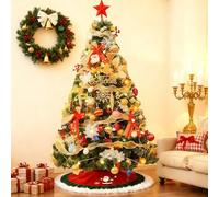 5FT Artificial Christmas Tree with Ornaments and Red Tree Skirts, Lush Pine Xmas Tree with Foldable Metal Stand, PVC Holiday Decorative Green Tree for Home Office Indoor Outdoor Decor