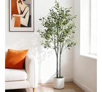 5FT Artificial Olive Tree, 150cm Tall Faux Olive Plants with White Pot, Artificial Fake Plants with Lifelike Leaves, Natural Wood Trunk, Fruits, Perfect for Modern Home Office Living Room Floor Decor