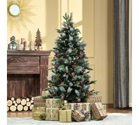 HOMCOM 5FT Artificial Snow Dipped Christmas Tree Xmas Pencil Tree Holiday Home Party Decoration with Foldable Feet Red Berries White Pinecones, Green