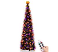 5ft black tinsel halloween tree with 50led orange purple string lights timer pumpkin ornament top pop up artificial pencil tree halloween scary decorations home fireplace party indoor outdoor Made in