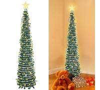 5Ft Collapsible Artificial Christmas Tree, Pop Up Christmas Tree with Lights and Star, Tall Skinny Tinsel Xmas Tree with Stand, Slim Sequin Christmas Tree for Home Office Store Decorations