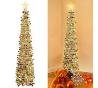 5Ft Collapsible Artificial Christmas Tree, Pop Up Christmas Tree with Lights and Star, Tall Skinny Tinsel Xmas Tree with Stand, Slim Sequin Christmas Tree for Home Office Store Decorations