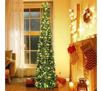 5FT Collapsible Christmas Tree, Pop Up Artificial Christmas Tree with 50 Lights and Star Topper for Christmas Decoration, Home Office Party Decor, Indoor Outdoor Display (Red Fruit with Harry Leaves)
