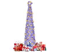 5FT Collapsible Pop Up Tinsel Christmas Tree with 50 Warm Lights, 150cm Pre-lit Artificial Pencil Halloween Xmas Trees Decoration with Easy Assembly Stand for Home Display (Purple)