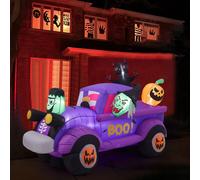 5ft Halloween Witch Driving a Car with Horror Frankenstein, Black Cat and Jack-o'-lantern Inflatable with Build-In LED