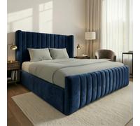 (5ft King(No Gaslift), Blue(No Mattress)) Luxury Winged Panel Bed Frame Plush Velvet Upholstered Bed Gas Lift Storage