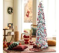 5FT Pop Up Christmas Tree with 4.5M 30 LED String Lights Silver Tinsel Christmas Tree with Colorful Round Sequins Slim Artificial Pencil Tree Collapsible Festive Xmas Tree Holiday Party Corner