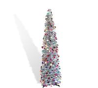 5ft Pop Up Tinsel Christmas Tree with Lights, Collapsible Artificial Pencil Xmas Tree with Shinny Sequins Reusable for Fireplace Home Office Indoor Holiday Party Decoration, Colorful Silver