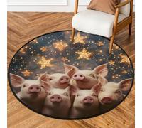 5ft Round Area Rugs for Living Bedroom Nursery, Washable Circle Rug, Non Slip Floor Carpet for Home Decor Farm Pigs Sparkling Star