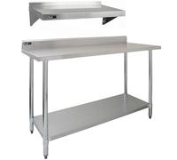 5ft Stainless Steel Catering Bench & 2 Wall Mounted Shelves Commercial Kitchen Work Prep Table Worktop Backsplash 2 Tier Adjustable Heavy Duty Corrosion Resistant FREE Microfibre Cloths & Fixing Kit S