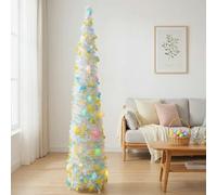 5FT Tall Pop-Up Easter Tree with Integrated 6M/40 LED Egg Lights White Tinsel with Pastel Egg Decorations Floor Standing Festive Party Home Decor