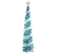 5Ft Tinsel Christmas Trees - Collapsible Artificial Pencil Christmas Tree, Pop Up Skinny Xmas Tree with Timer,100 Lights,15 Balls,Silver Five-Point Star for Xmas Decor Indoor Outdoor(Blue White)