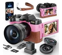 5K&64MP Digital Camera for Photography & Video, 16X Zoom, WiFi, 180° Flip Screen, Autofocus, Anti-Shake, Wide-Angle & Macro Lens, Built-In Fill Light, Webcam Mode, PU Leather Case(Pink)