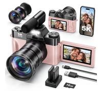 5K 64MP Digital Camera with WiFi & Autofocus, Vlogging Camera with Macro Wide-Angle Lens, Microphone, Dual Batteries Pink