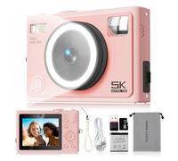 5K Digital Camera - 64MP Autofocus Beauty Camera with 360° Ring Light Smart Skin Recognition, 32GB SD Card That Makes Dark Light Shooting Worry-Free, Point and Shoot Camera for Teens Beginners Pink