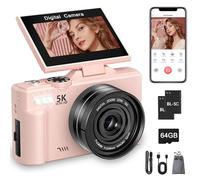 5K Digital Camera, 75MP WiFi Vlogging Camera with 180° Flip Screen, Autofocus, 18X Zoom, 64GB Card, 2 Batteries, Compact Point and Shoot Digital Cameras for Beginner Teens Student Kids Girls (Pink)