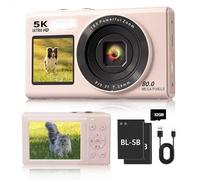 5K Digital Camera, Dual Screens Camera with 18X Digital Zoom, Compact Vlogging Camera for Teens, Beginner-Friendly Gift Pack, 32GB Card & 2 Batteries, Pink